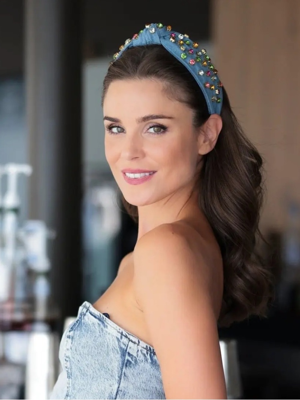 Embellished Blue Denim Headband with Multicolor Gems shiraleah